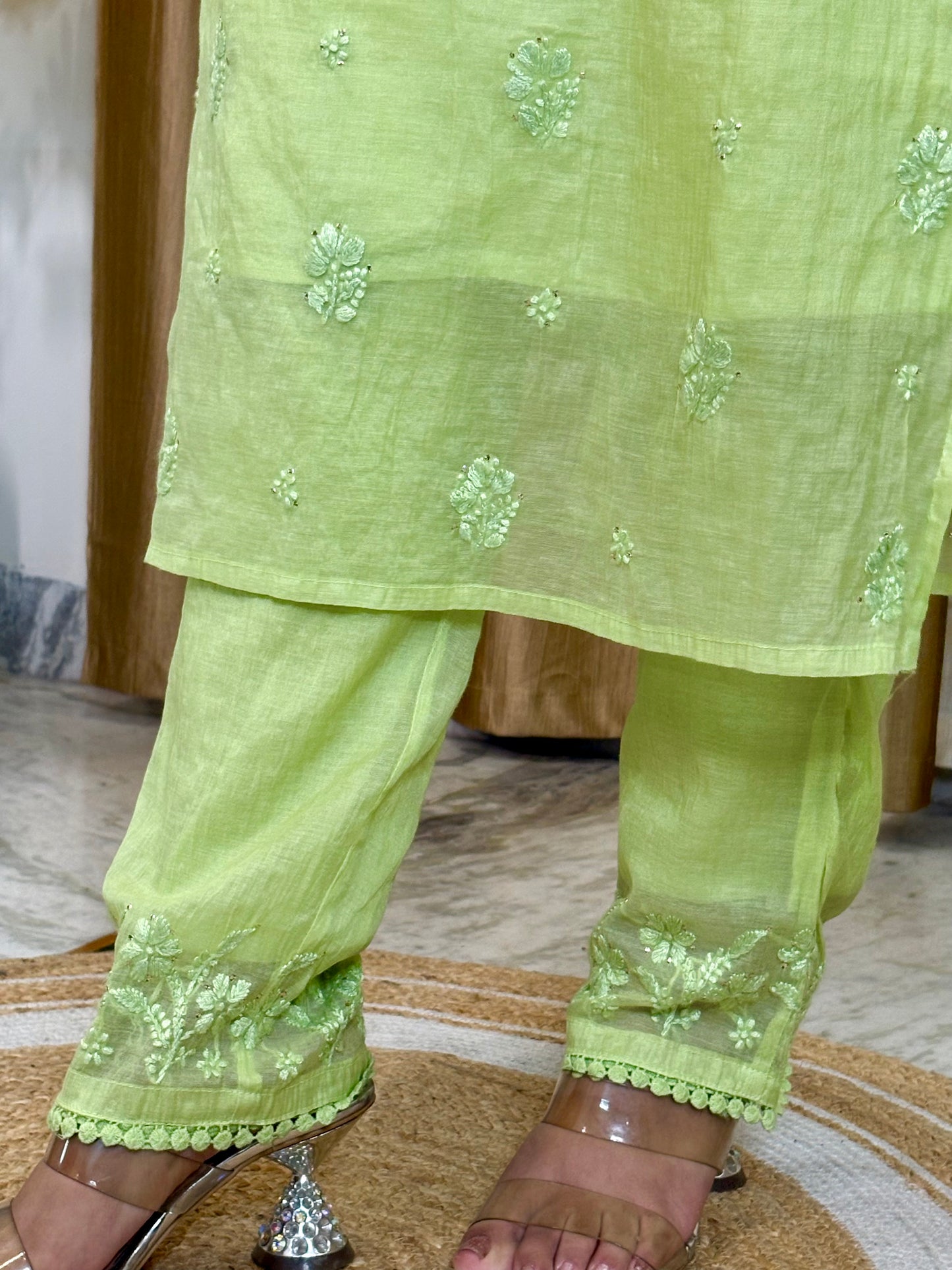 Noor Mul Chanderi Chikankari Mukaish Suit Set – 4 Piece