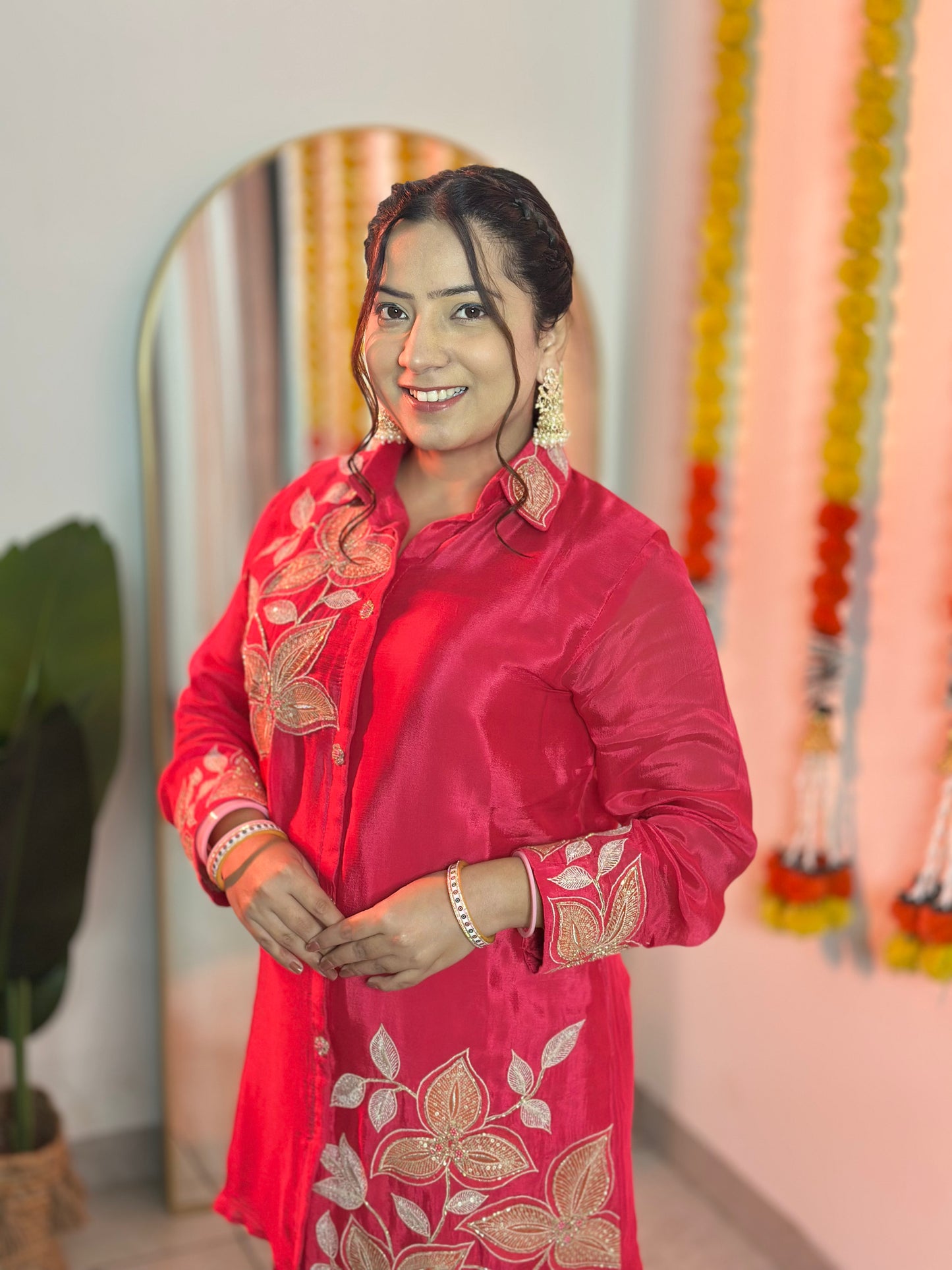 Leaf Embroidered Jacket-Palazzo Set