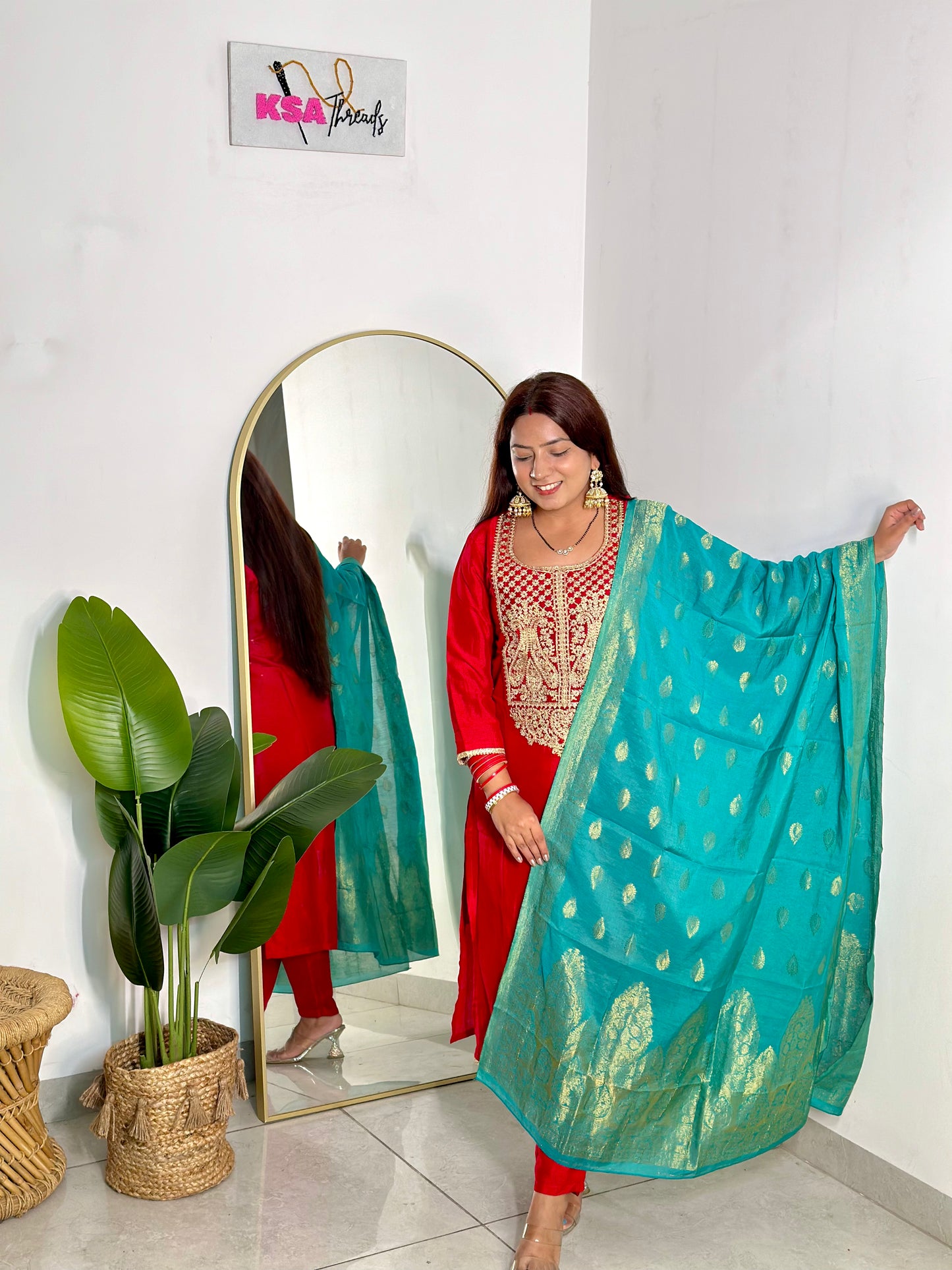 Red Pant Suit w/ Banarasi Dupatta