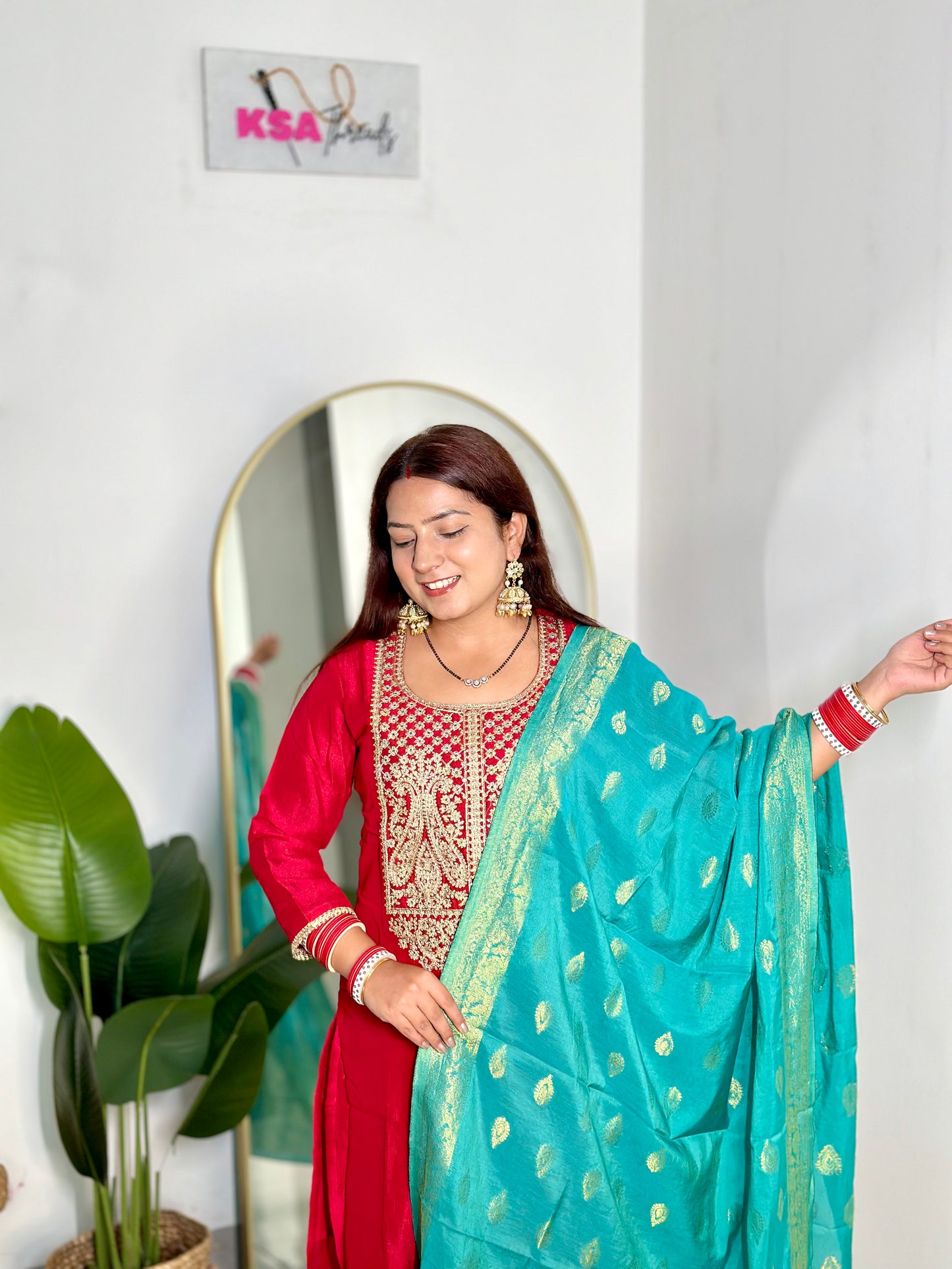 Red Pant Suit w/ Banarasi Dupatta