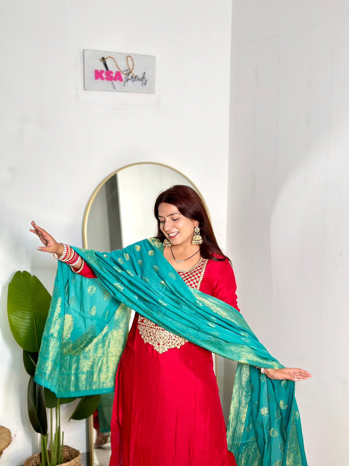 Red Pant Suit w/ Banarasi Dupatta