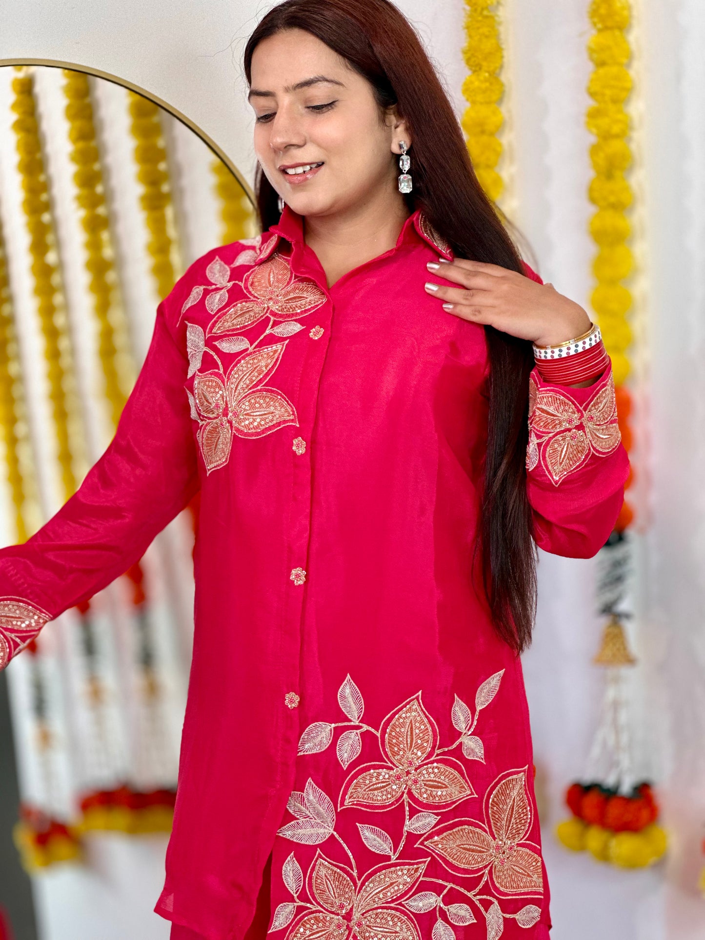 Leaf Embroidered Jacket-Palazzo Set