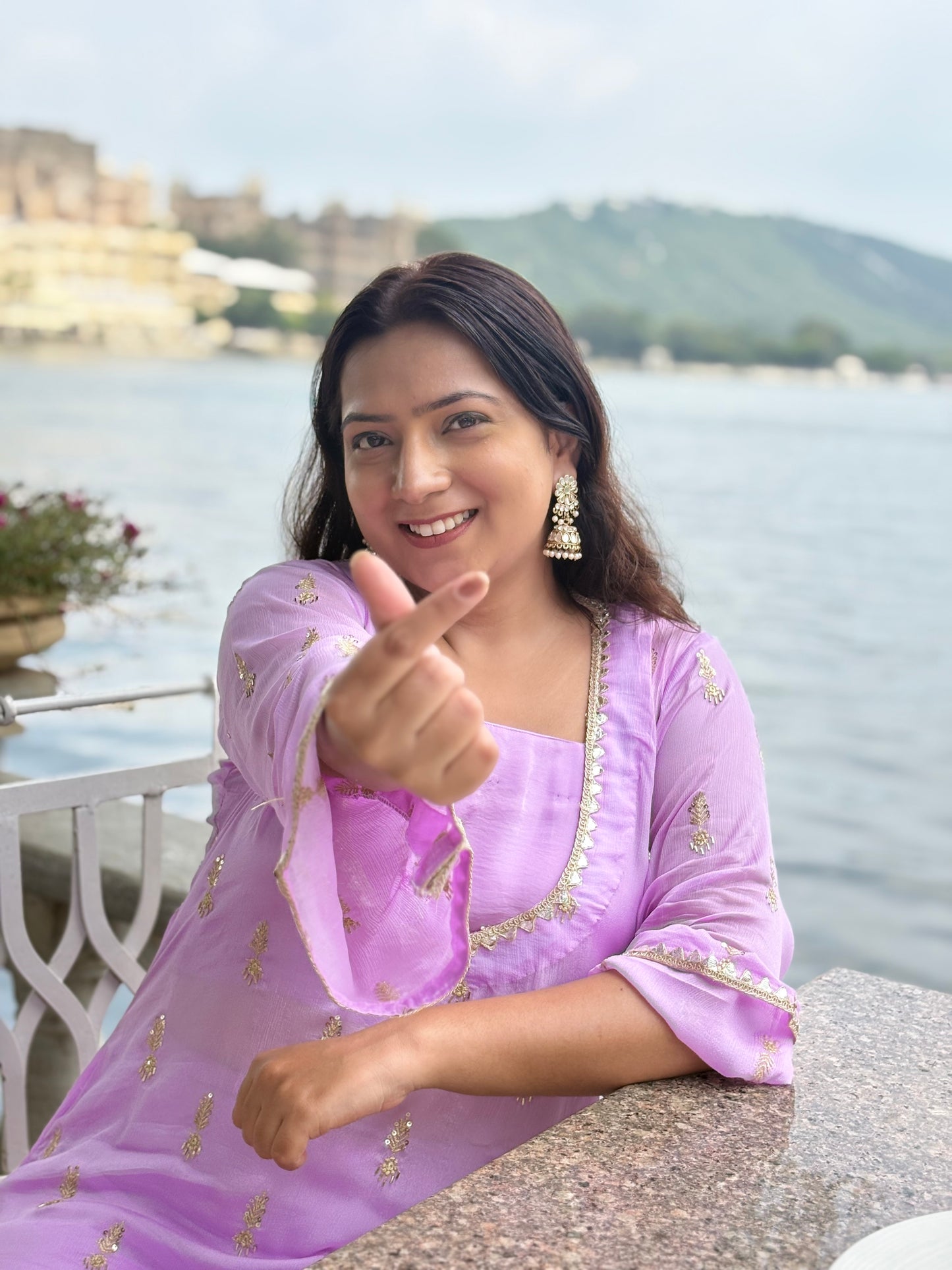 Lavender Festive Hand Work 3 Piece Coord