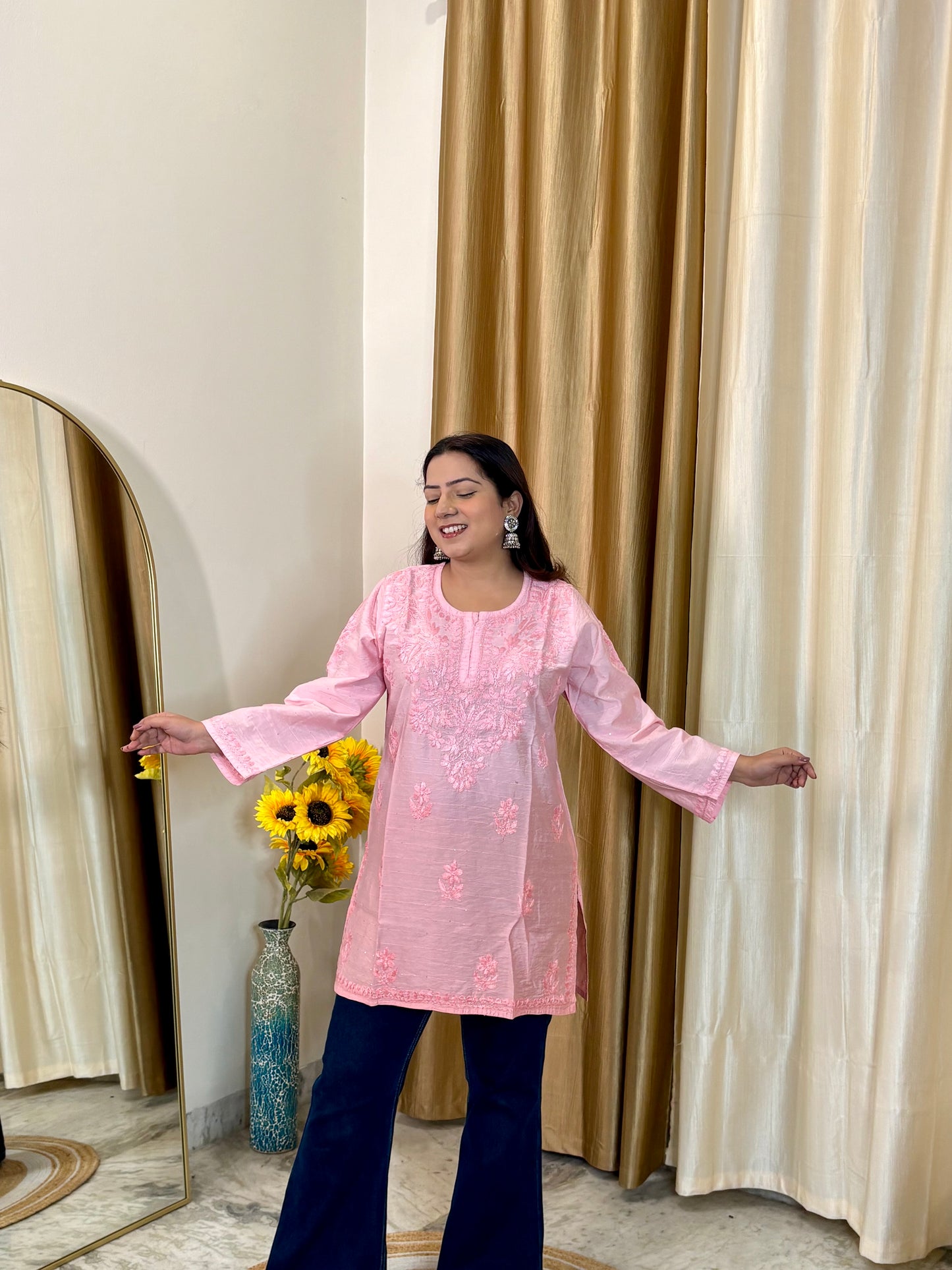 Noor Chikankari Mul Chanderi Short Kurti