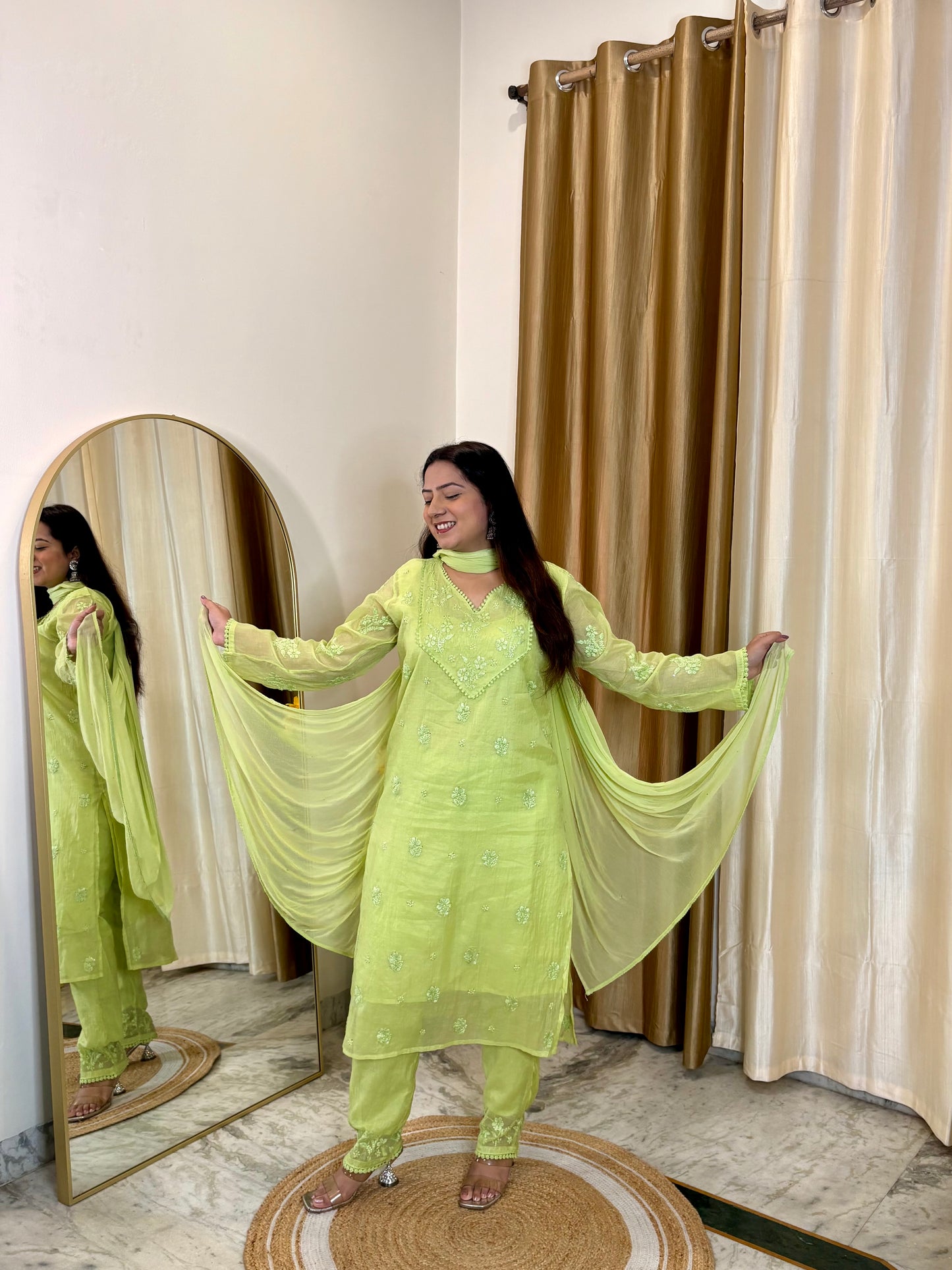 Noor Mul Chanderi Chikankari Mukaish Suit Set – 4 Piece