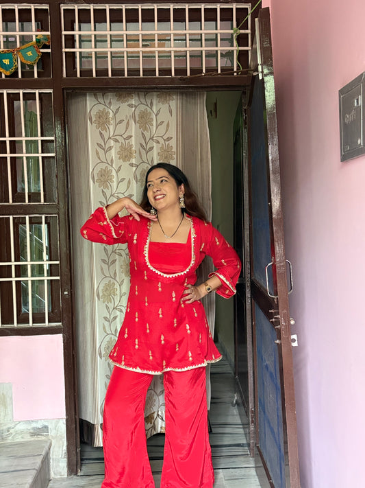 Red Festive Hand Work 3 Piece Coord