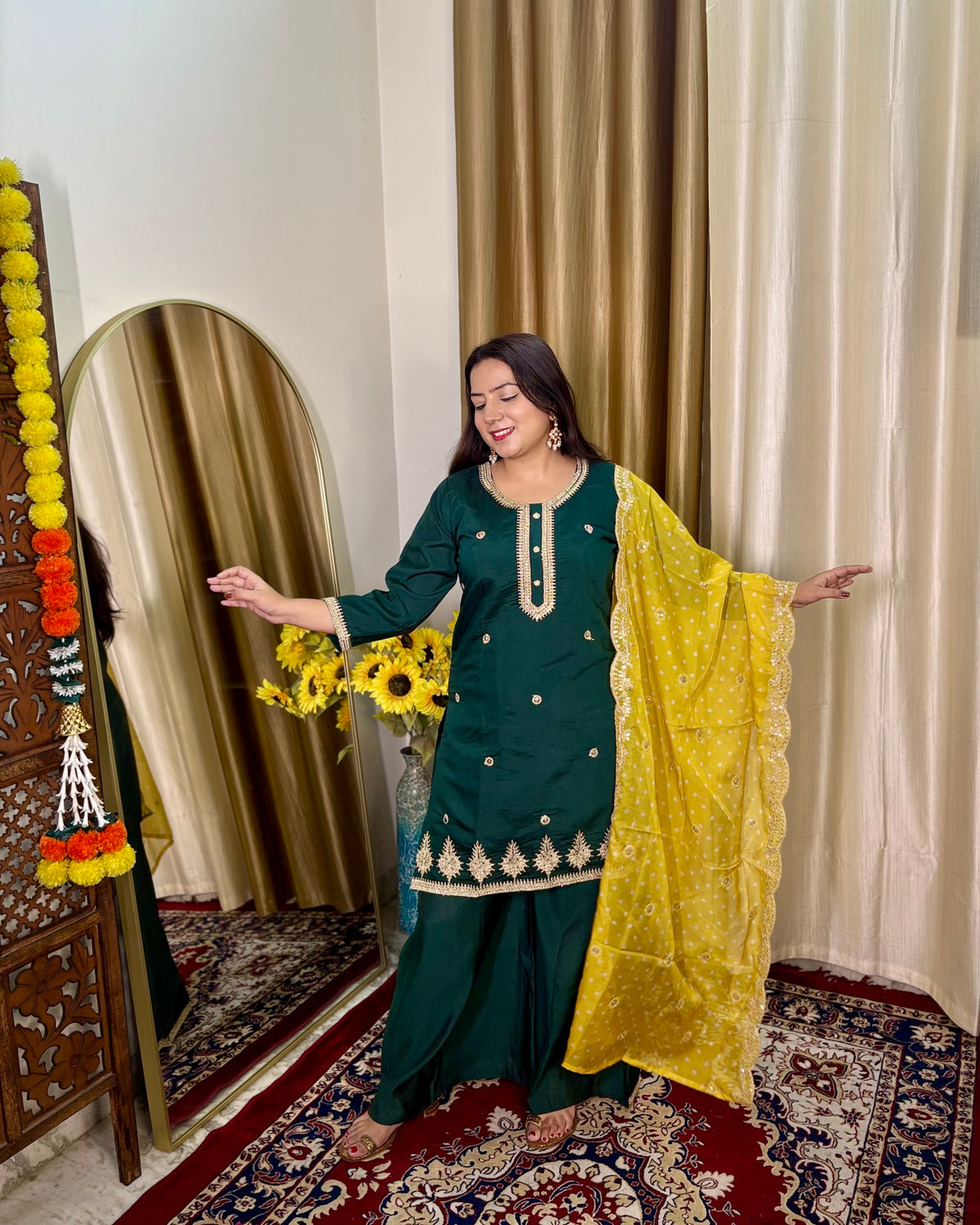 Green Contrast Palazzo Suit