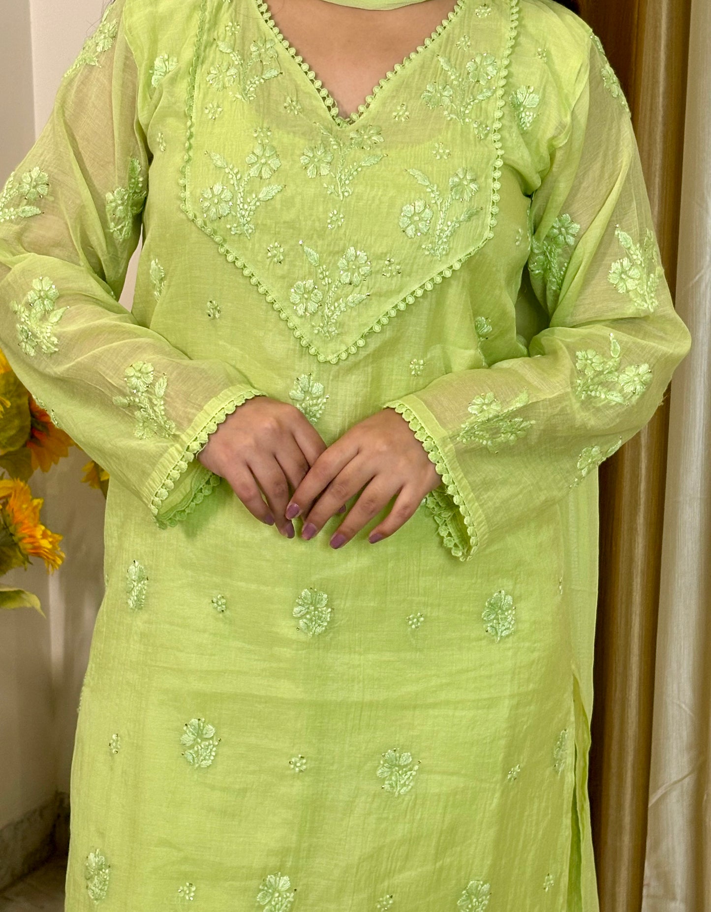 Noor Mul Chanderi Chikankari Mukaish Suit Set – 4 Piece