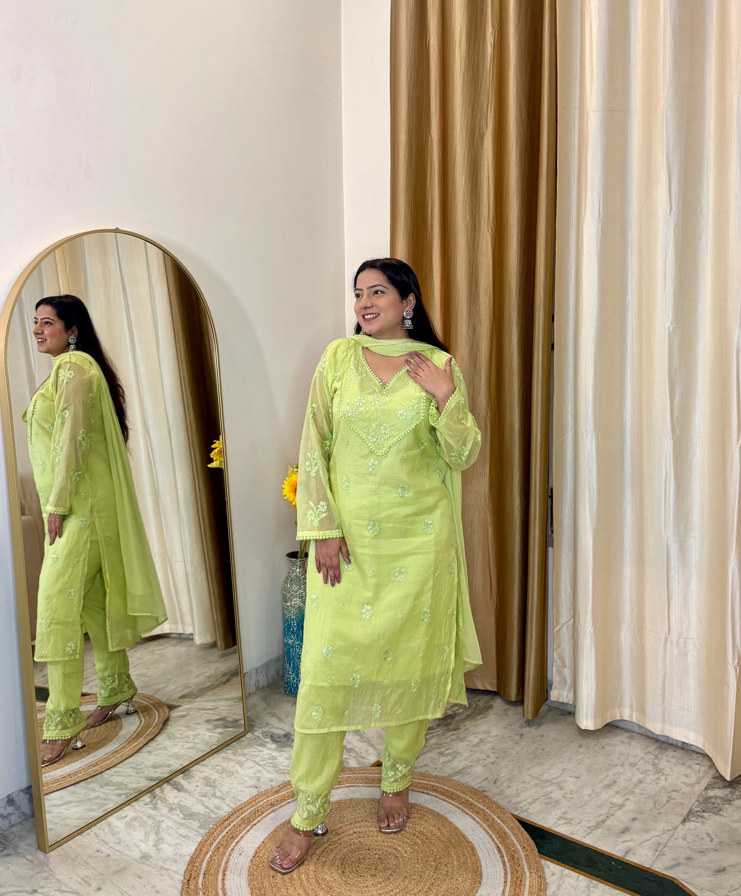 Noor Mul Chanderi Chikankari Mukaish Suit Set – 4 Piece