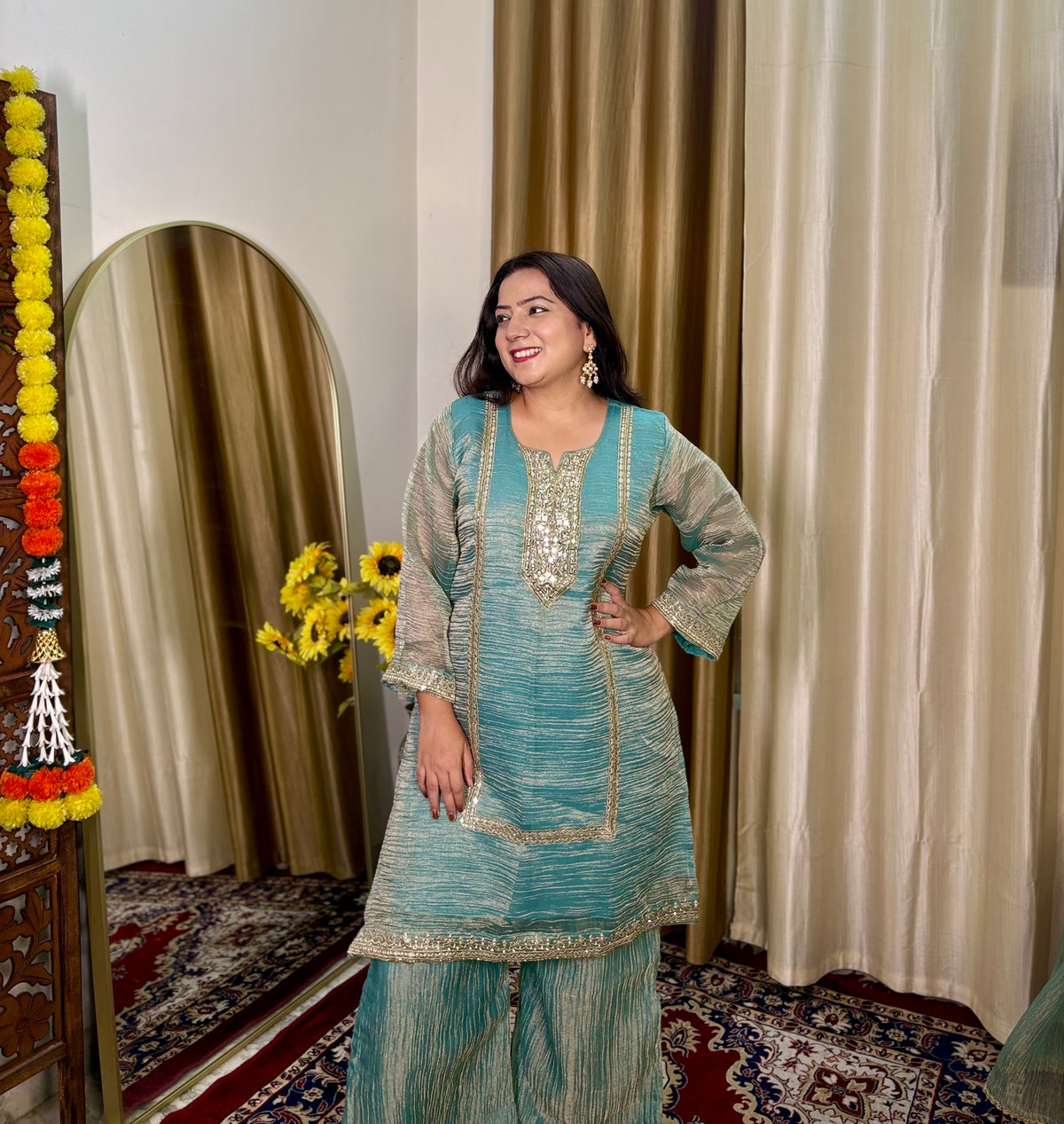 Festive Teal Palazzo Suit
