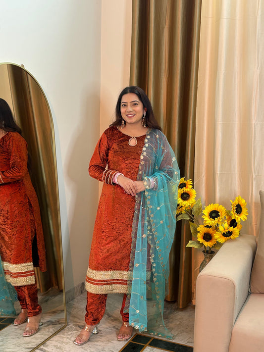 Meher Rust Velvet Suit