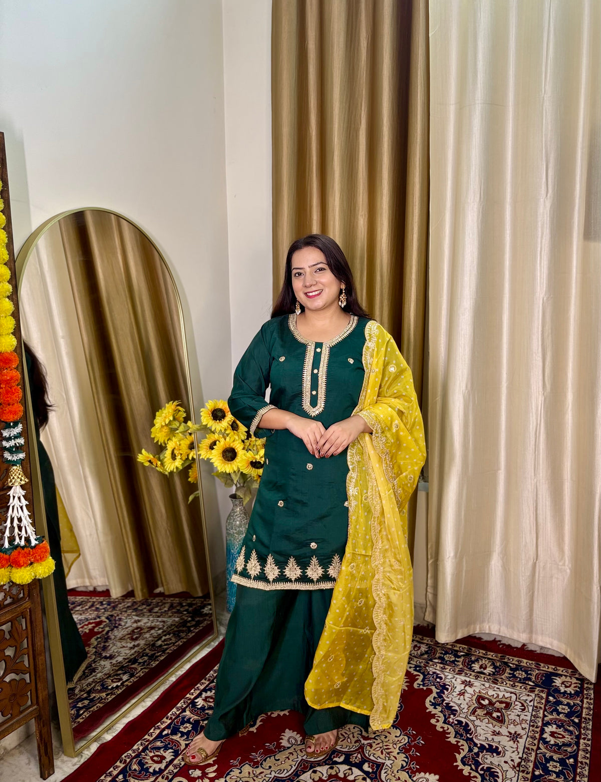 Green Contrast Palazzo Suit