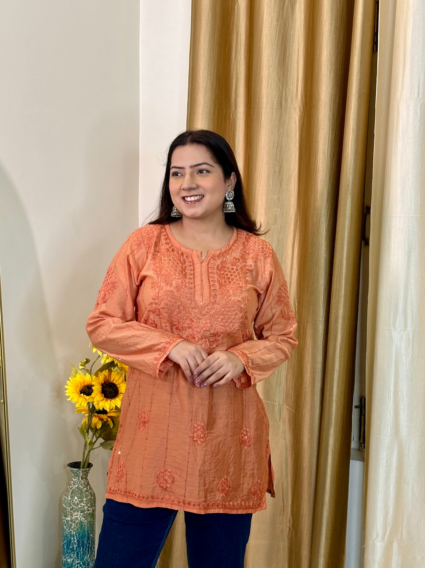 Noor Chikankari Mul Chanderi Short Kurti