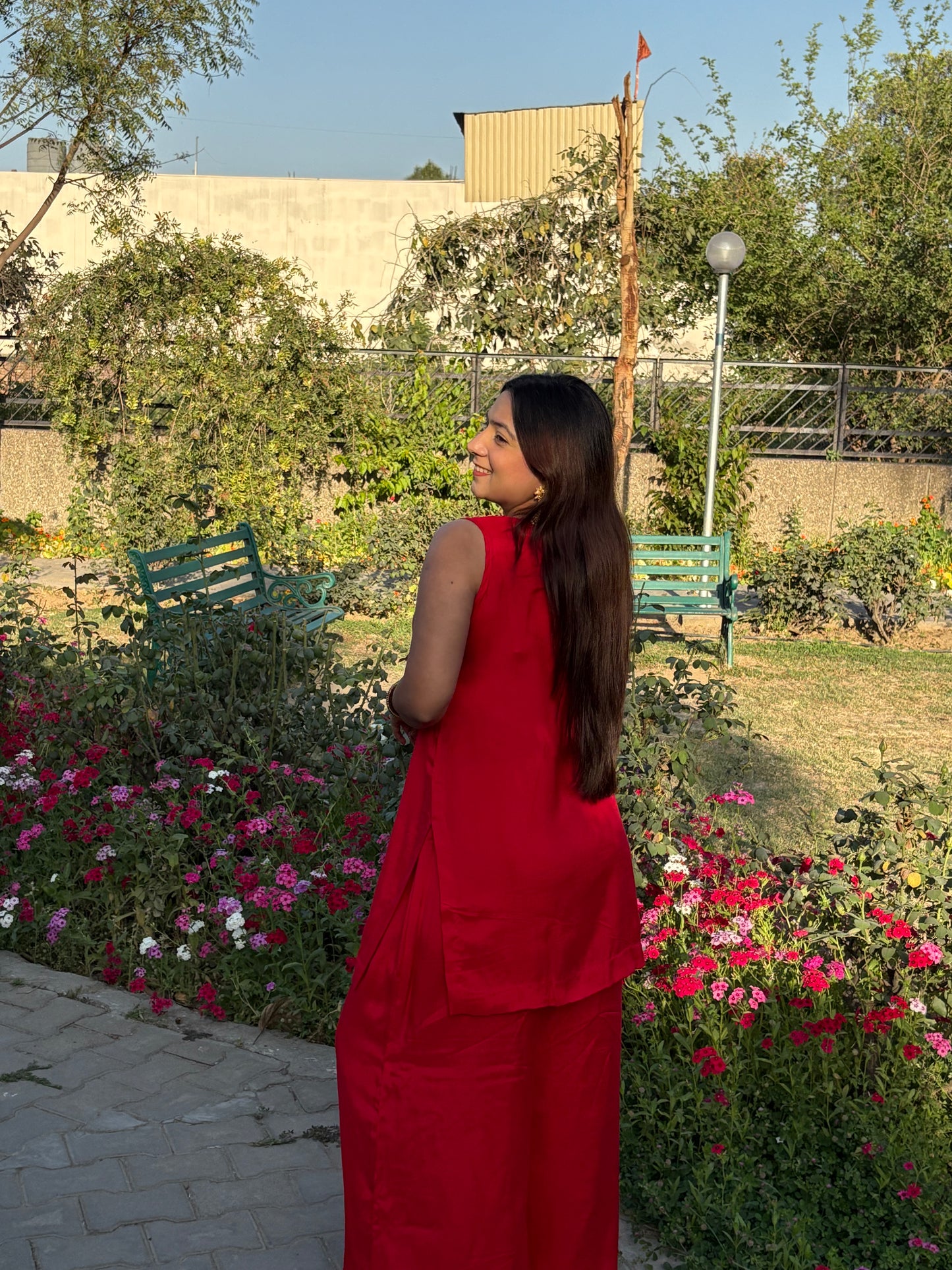 Red Cut Sleeves Palazzo Suit