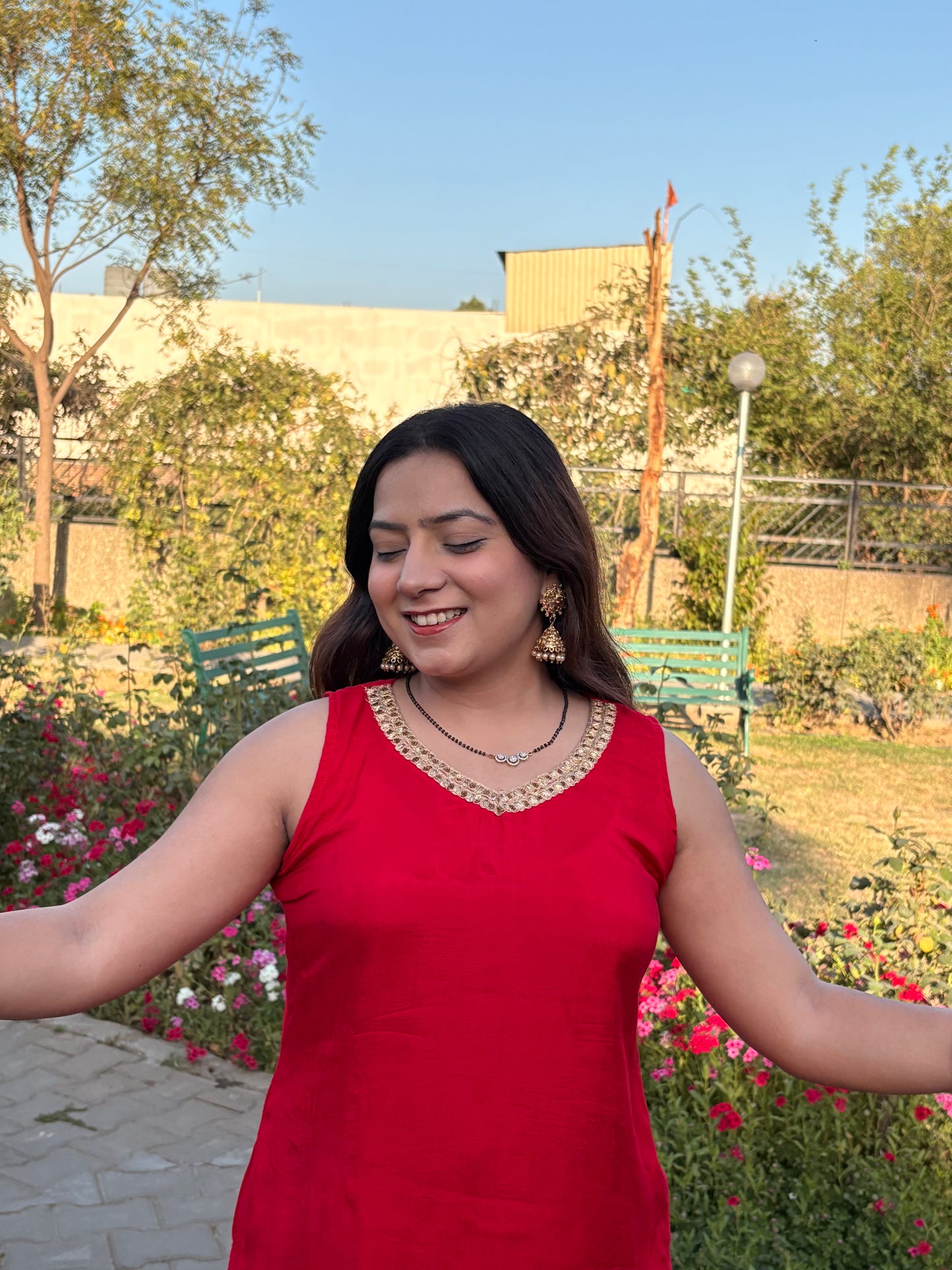 Red Cut Sleeves Palazzo Suit