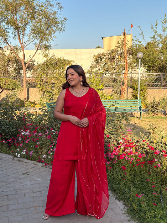 Red Cut Sleeves Palazzo Suit