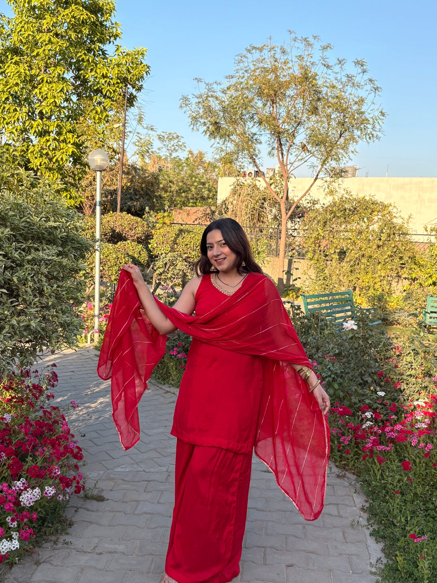 Red Cut Sleeves Palazzo Suit