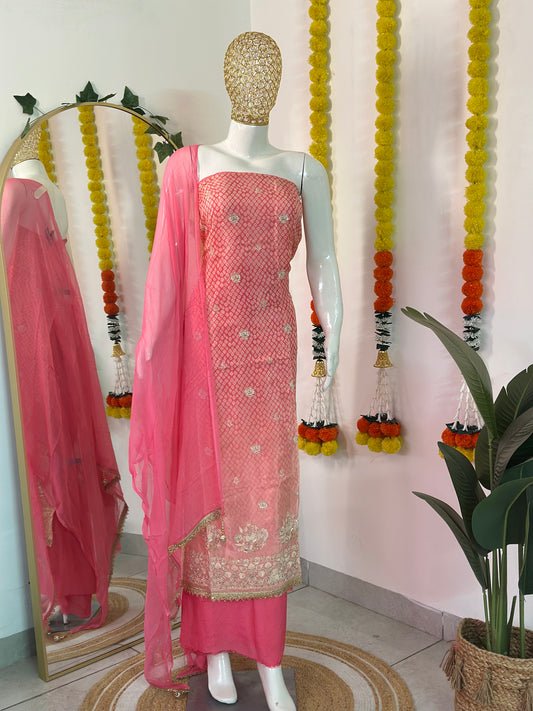 Pure Silk Ombre Embroidered Suit